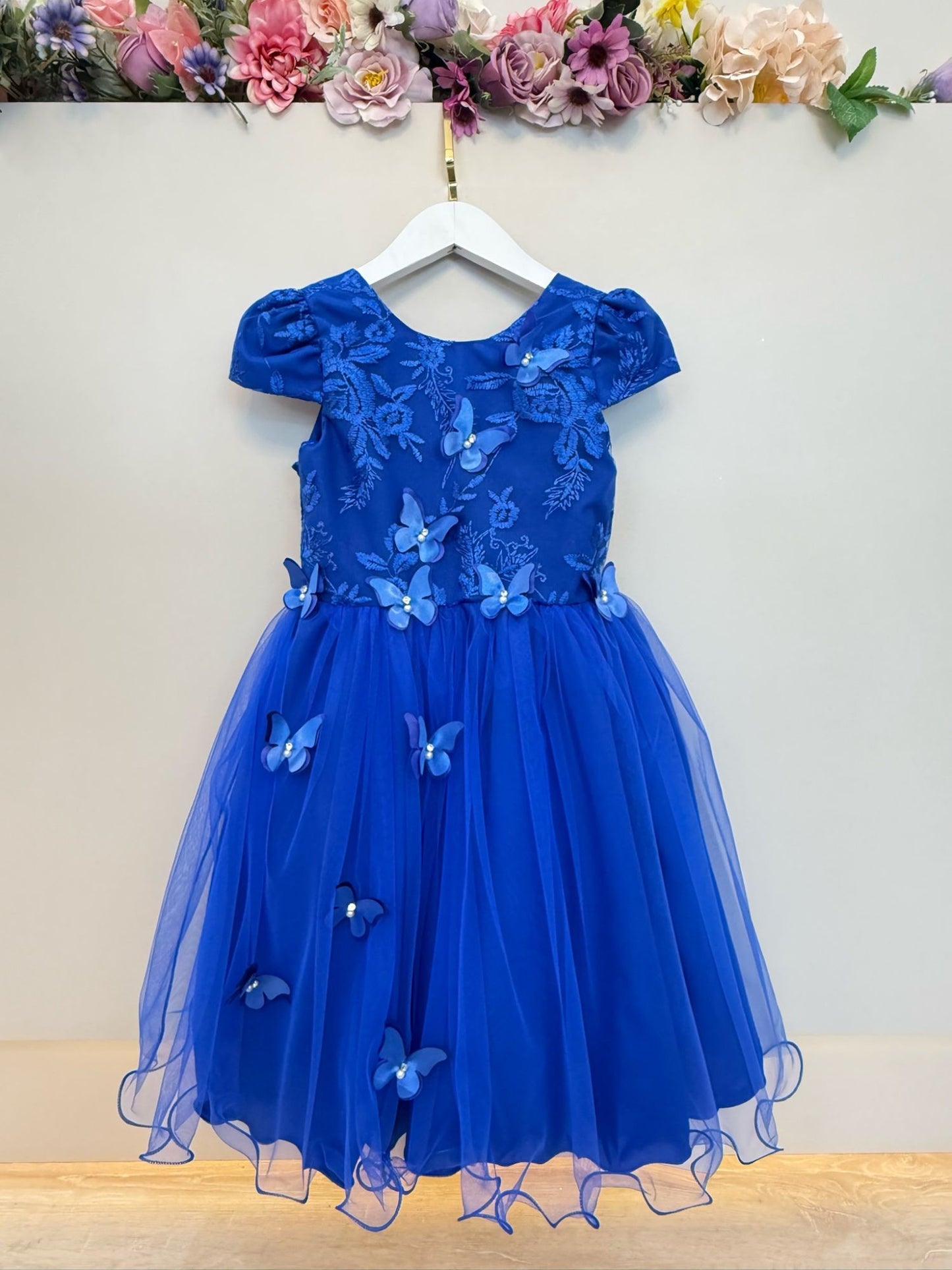 Vestido Infantil Azul Royal Renda C/ Borboletas Daminhas Luxo