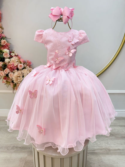 Vestido Infantil Rosa Renda C/ Borboletas Daminhas Luxo