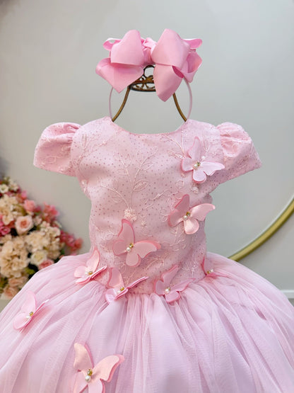 Vestido Infantil Rosa Renda C/ Borboletas Daminhas Luxo
