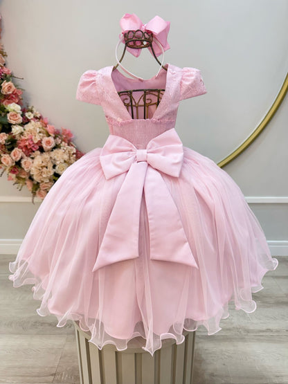 Vestido Infantil Rosa Renda C/ Borboletas Daminhas Luxo