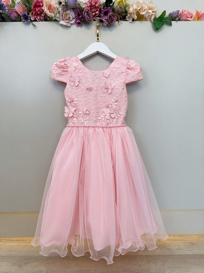 Vestido Infantil Rosa C/ Apliques Borboletas Festas Luxo