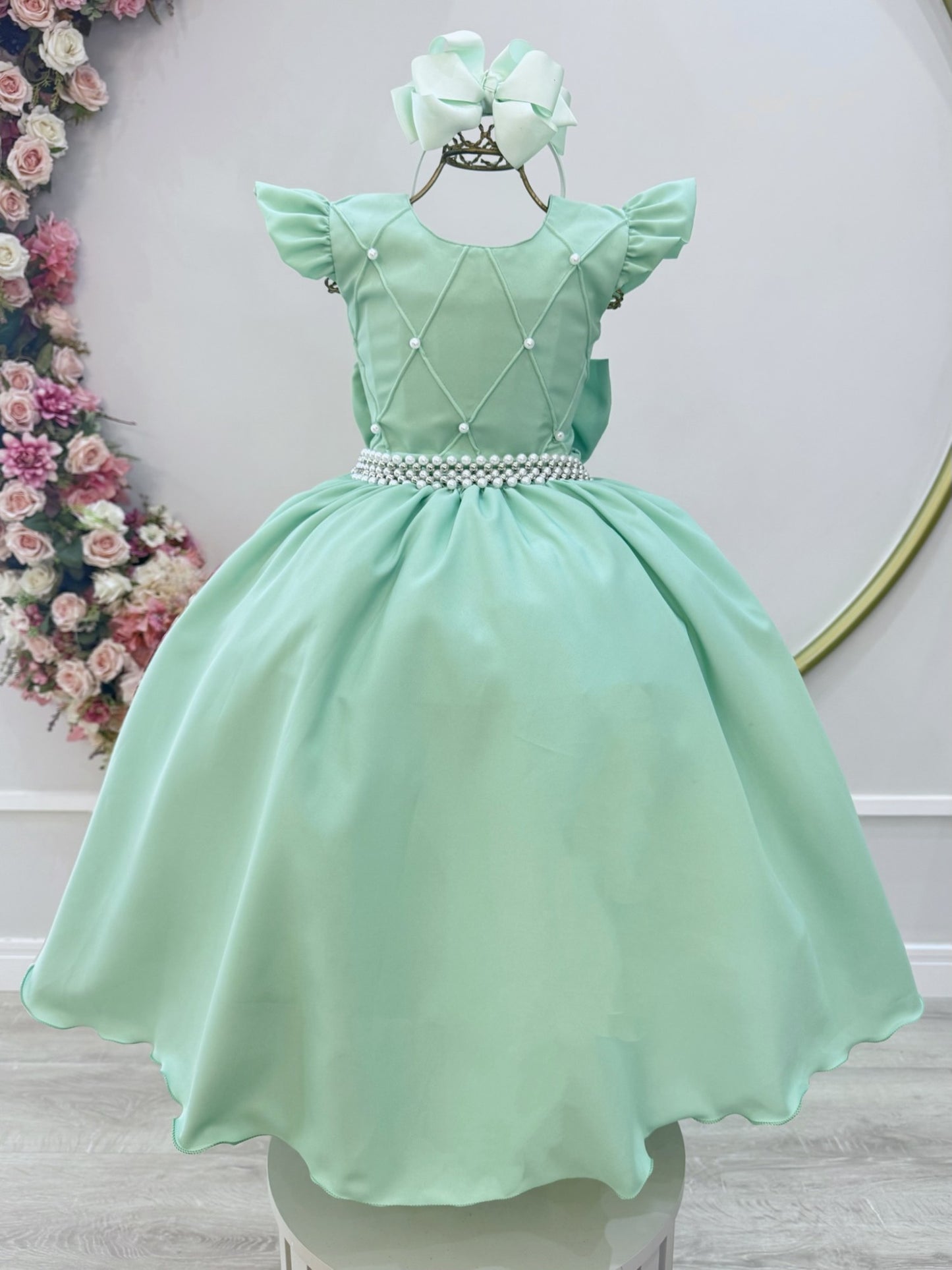 Vestido Infantil Verde Nervura com Pérolas Cinto Luxo