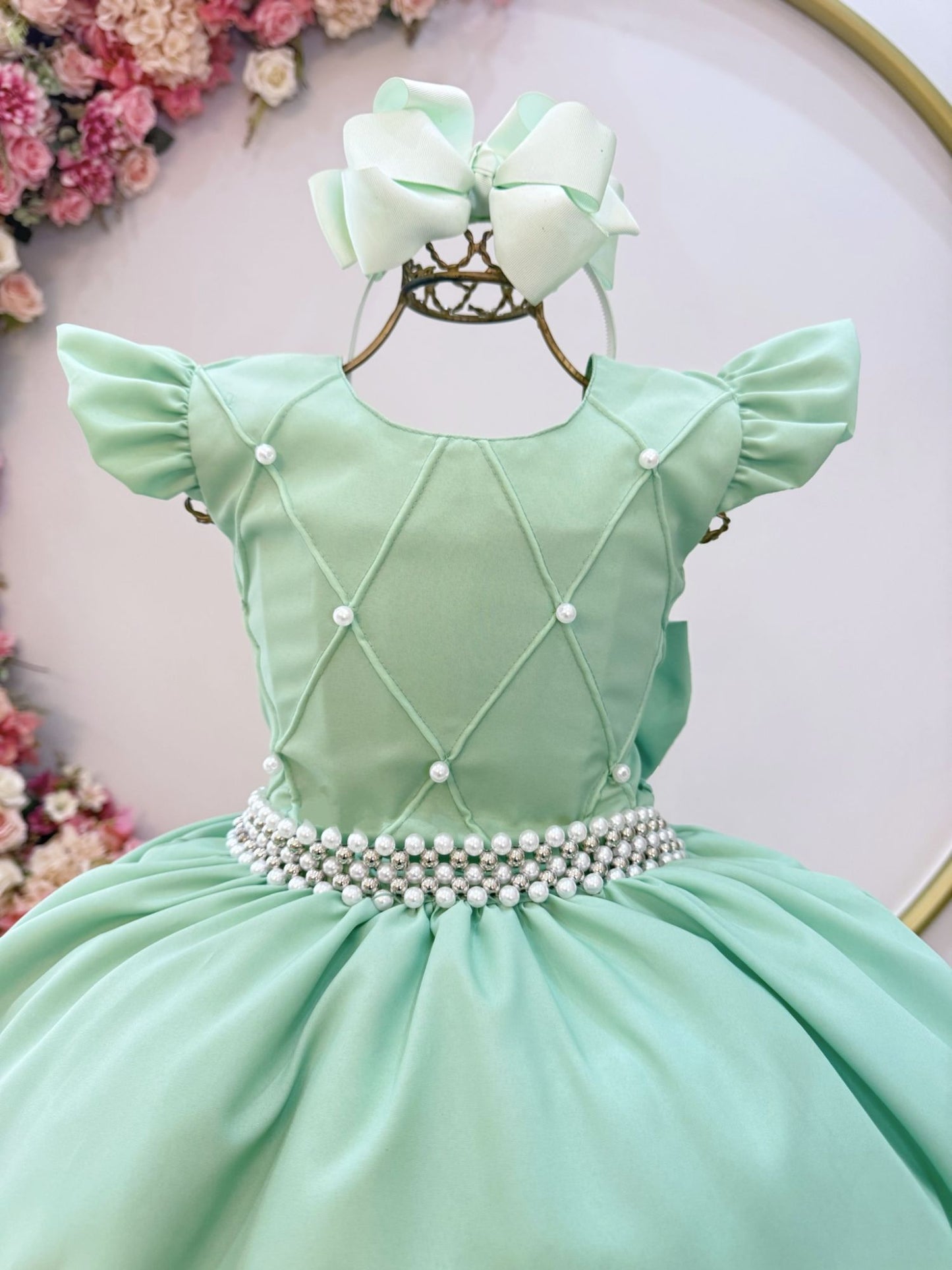 Vestido Infantil Verde Nervura com Pérolas Cinto Luxo