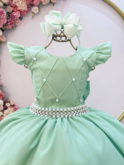 Vestido Infantil Verde Nervura com Pérolas Cinto Luxo