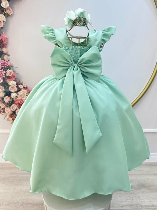 Vestido Infantil Verde Nervura com Pérolas Cinto Luxo