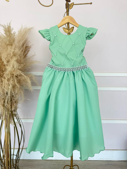 Vestido Infantil Verde Nervura com Pérolas Cinto Luxo