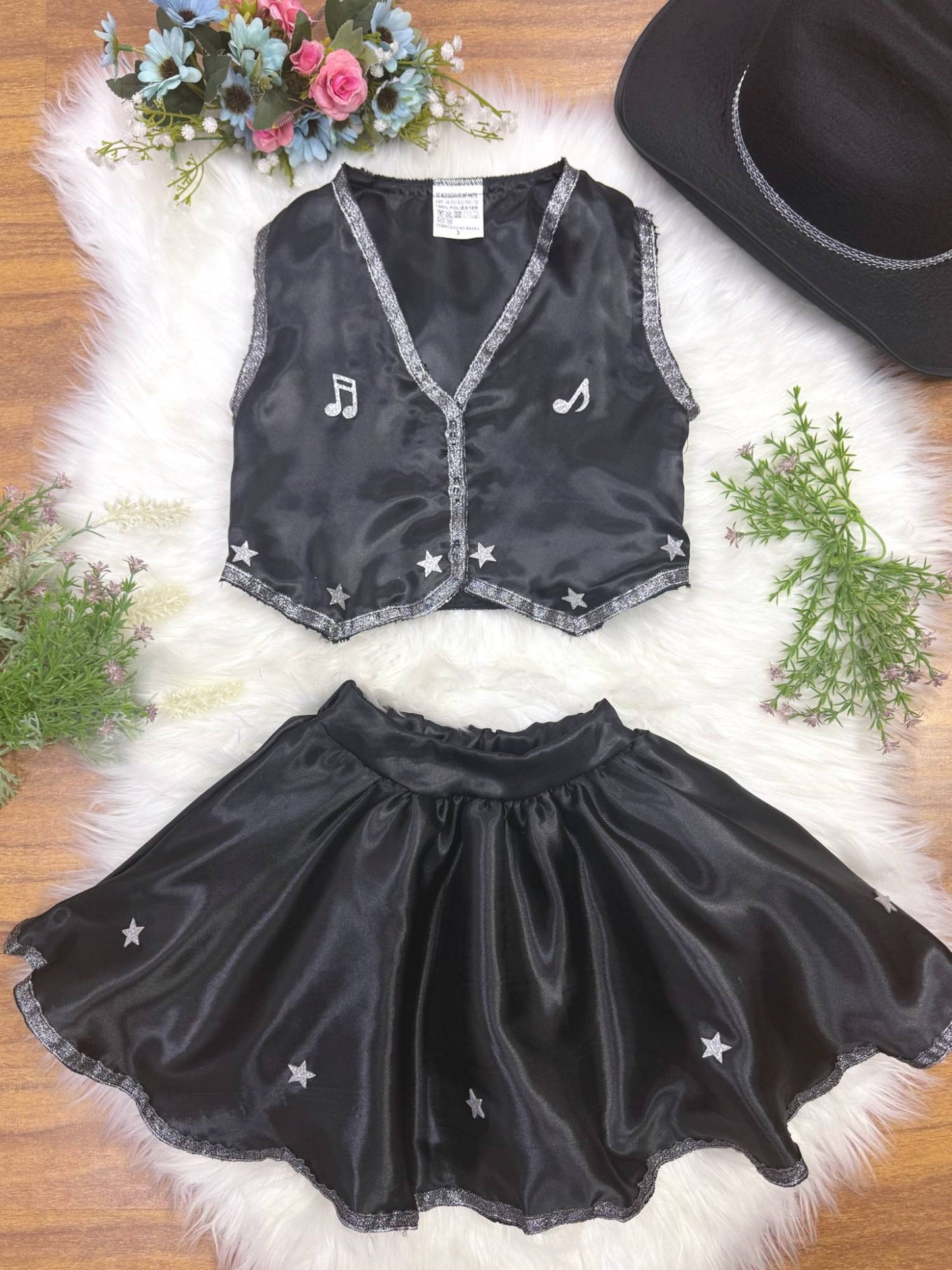 Conjunto Infantil Boiadeira Colete Saia Country Preto