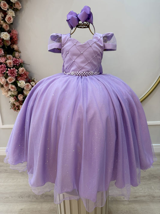 Vestido Infantil Longo Lilás Busto Nervura C/ Pérolas Damas