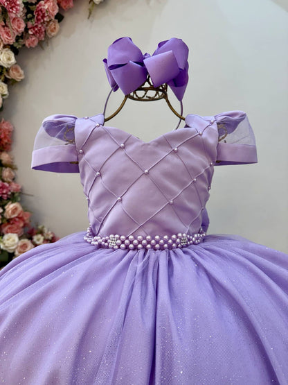 Vestido Infantil Longo Lilás Busto Nervura C/ Pérolas Damas