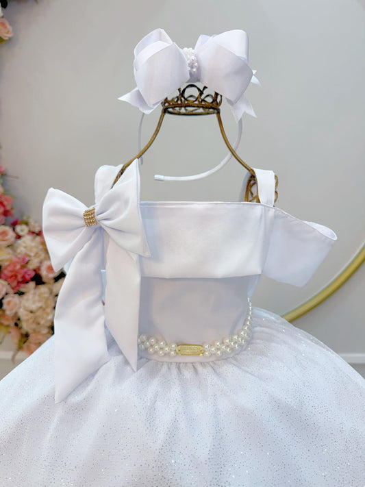 Vestido Infantil de Alça Branco Saia C/ Glitter e Broche Festas