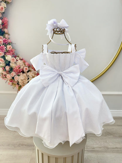 Vestido Infantil de Alça Branco Saia C/ Glitter e Broche Festas