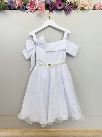 Vestido Infantil de Alça Branco Saia C/ Glitter e Broche Festas