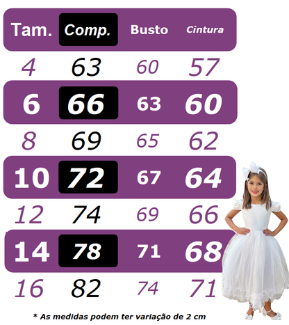 Vestido Infantil de Alça Branco Saia C/ Glitter e Broche Festas