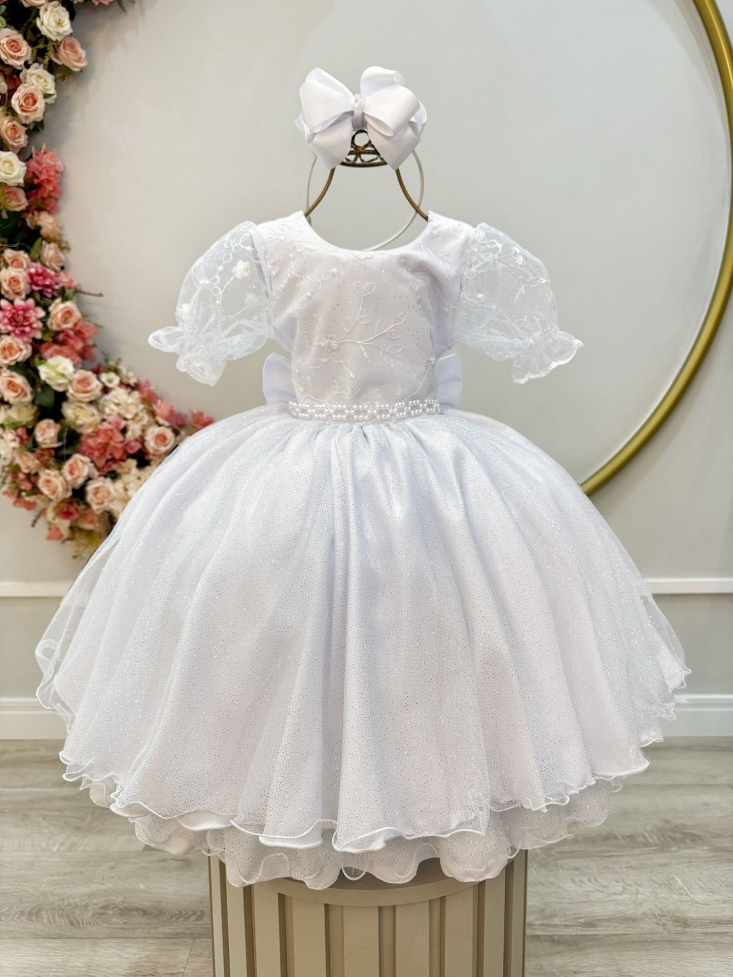 Vestido Infantil Branco Busto C/ Renda Glitter Daminhas