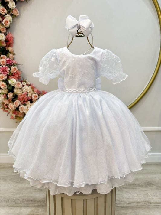 Vestido Infantil Branco Busto C/ Renda Glitter Daminhas