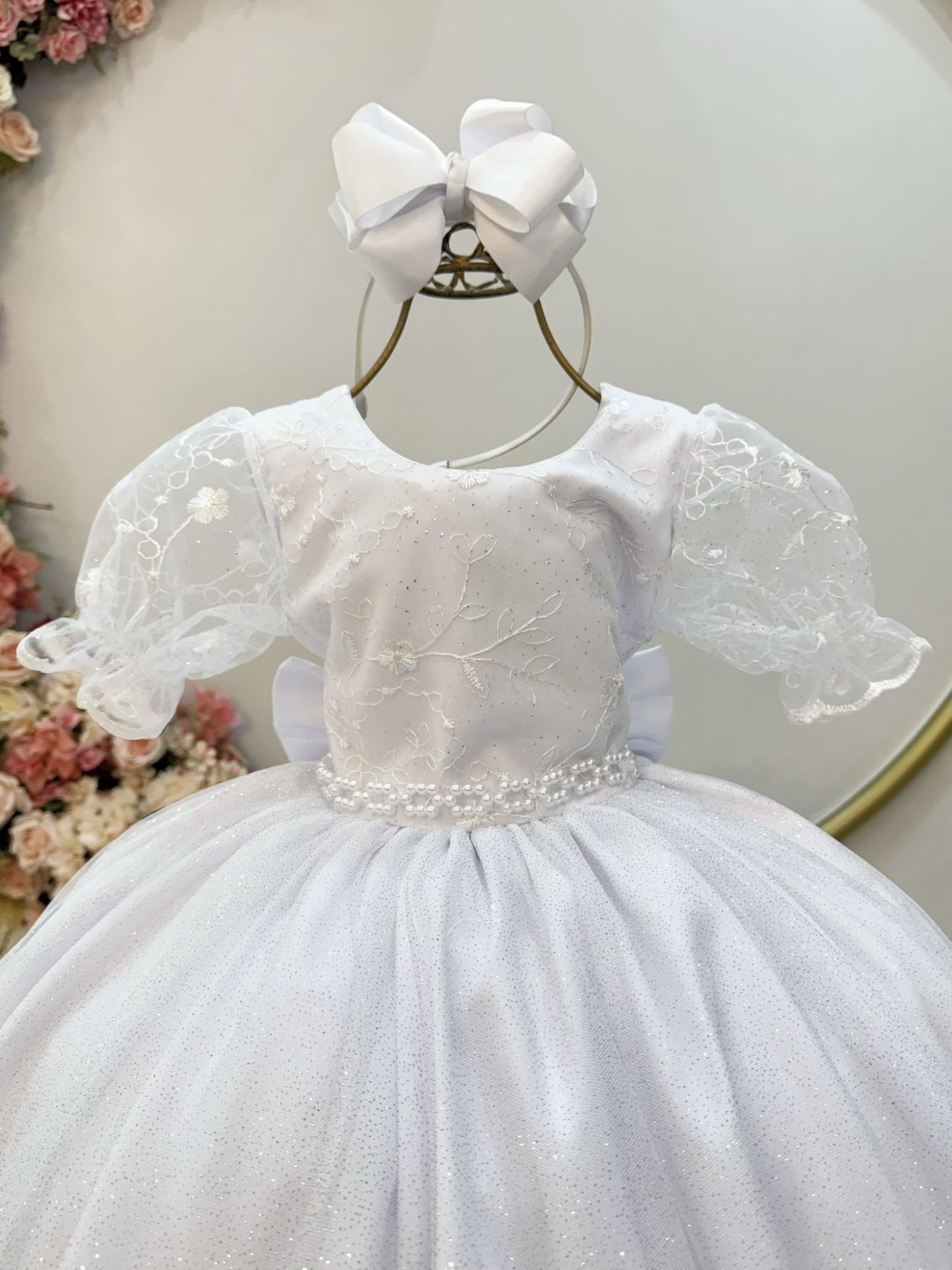 Vestido Infantil Branco Busto C/ Renda Glitter Daminhas
