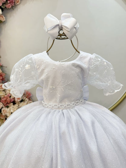 Vestido Infantil Branco Busto C/ Renda Glitter Daminhas
