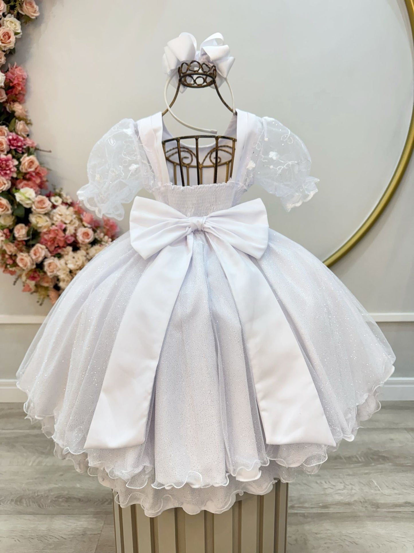 Vestido Infantil Branco Busto C/ Renda Glitter Daminhas