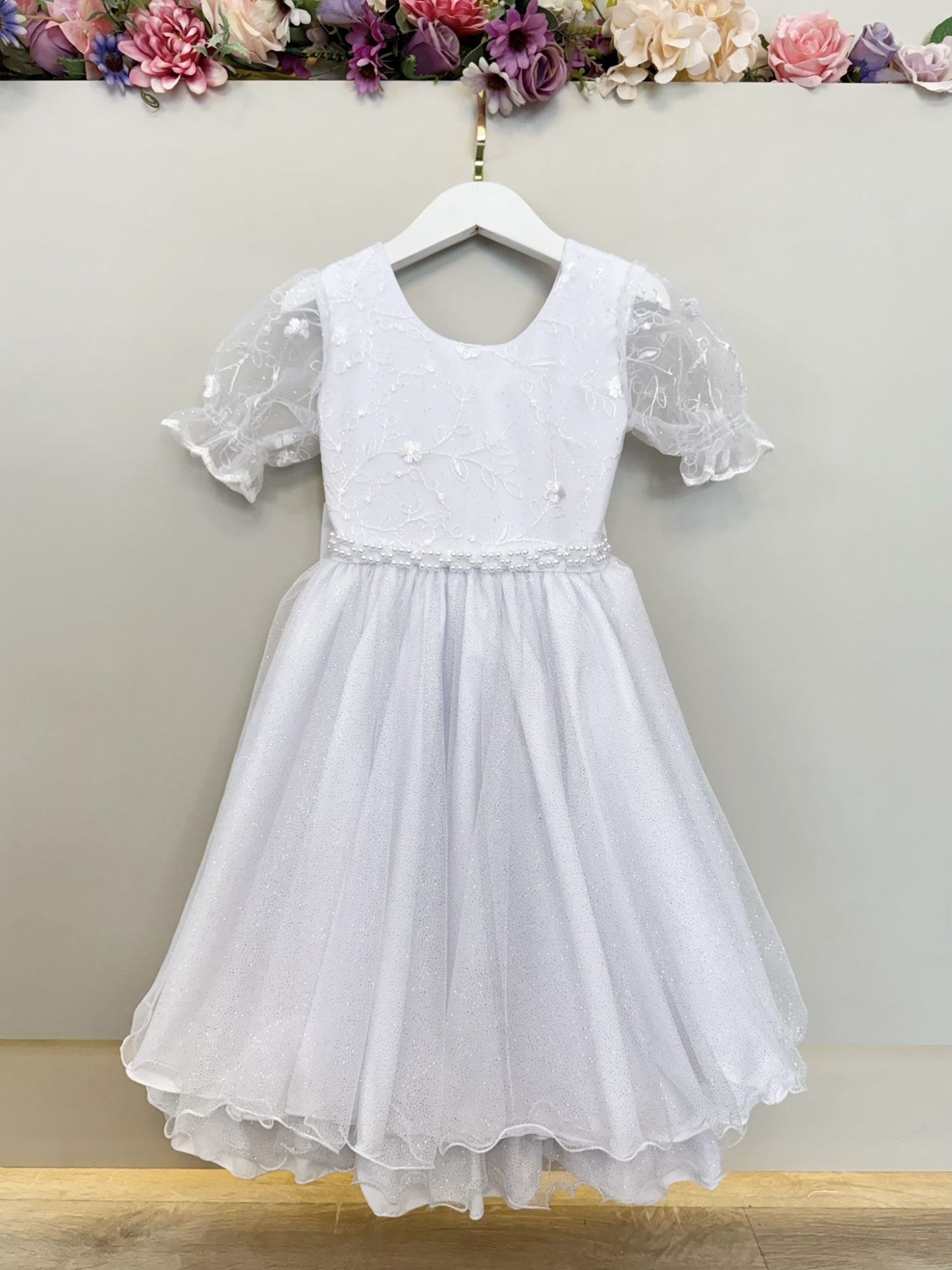 Vestido Infantil Branco Busto C/ Renda Glitter Daminhas