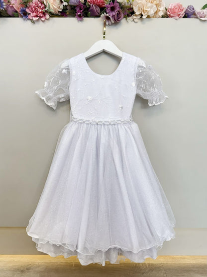 Vestido Infantil Branco Busto C/ Renda Glitter Daminhas